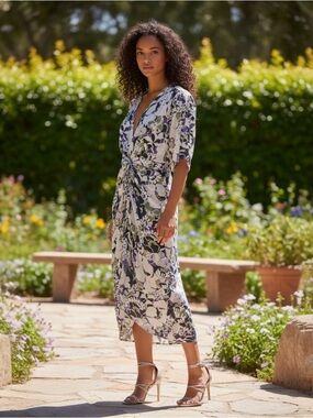 NWT Lewit Ruched Silk Midi Floral Dress Size 4 $399